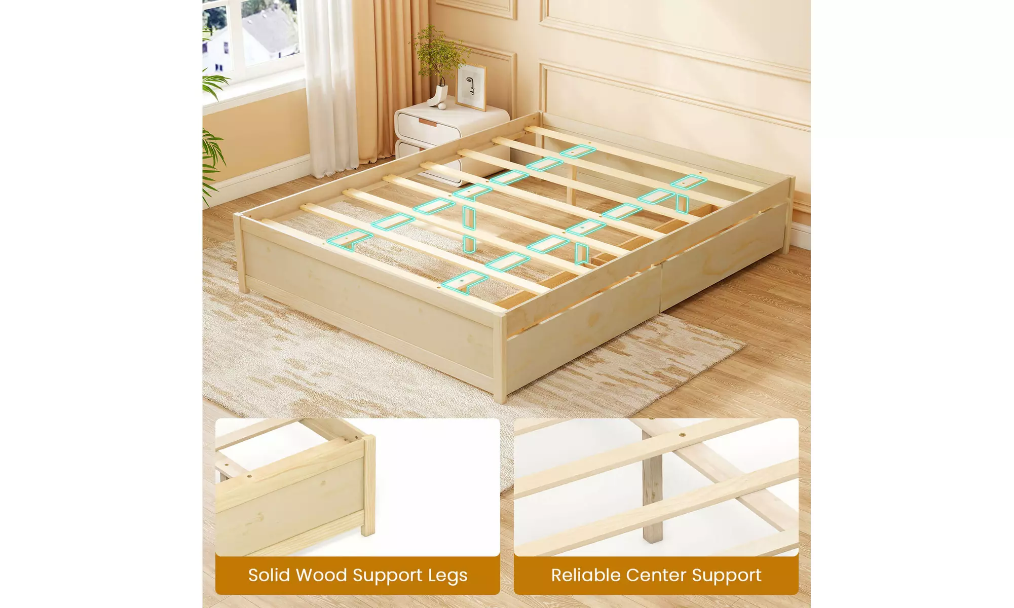 Costway Wooden Platform Bed Frame with 2 Rolling Storage Drawers