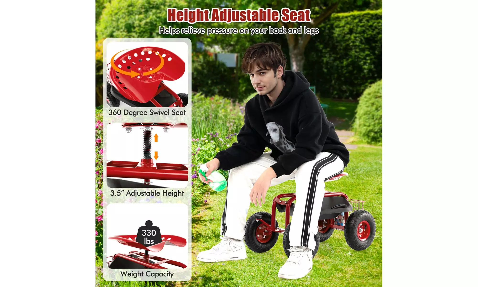 Costway Garden Cart Patio Wagon Rolling Work Seat with Tool Tray Basket Planting