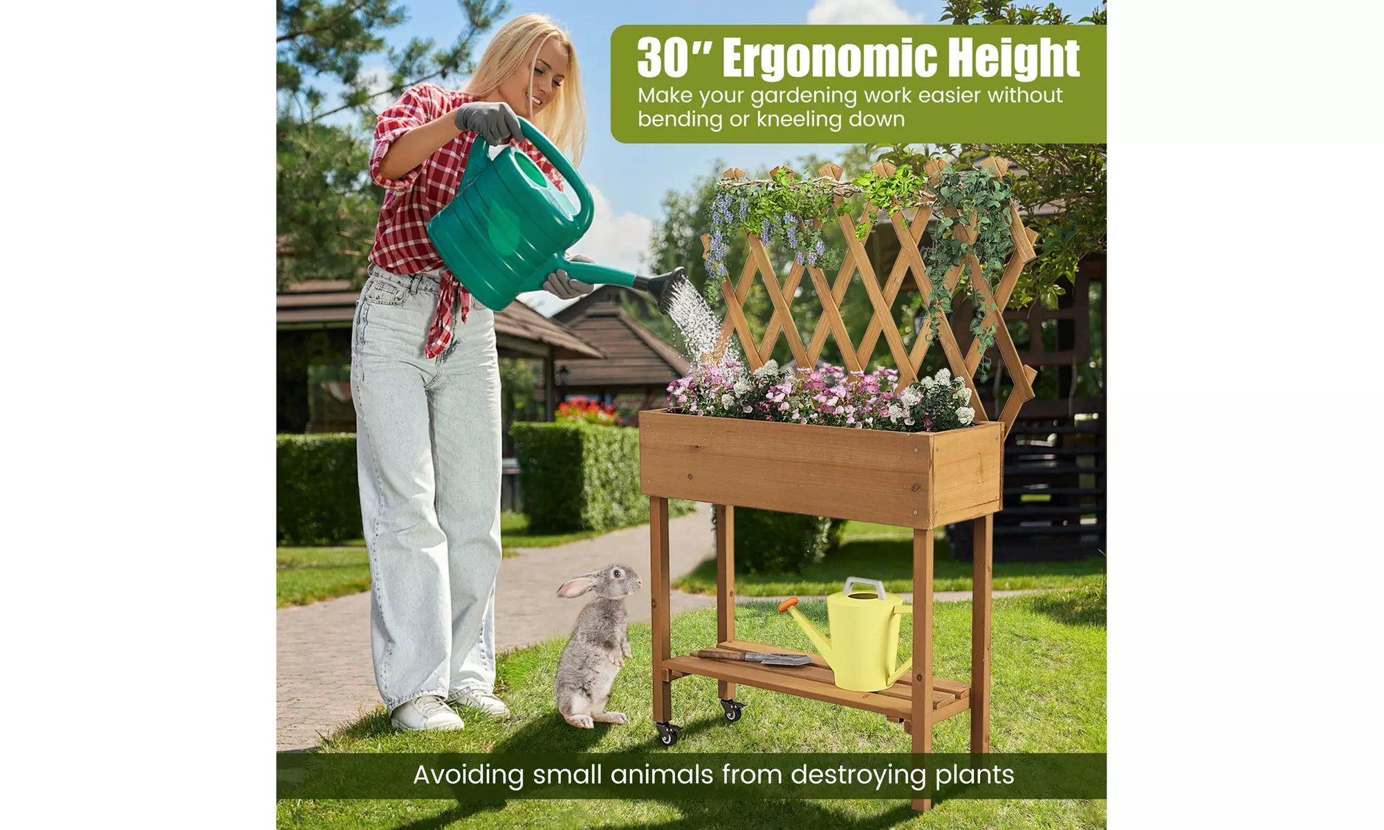 Costway Wood Raised Garden Bed w/ Trellis Storage Shelf Wheels Drainage Holes