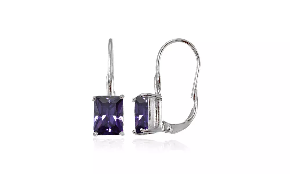 Sterling Silver Cubic Zirconia Amethyst Emerald-Cut Leverback Earrings