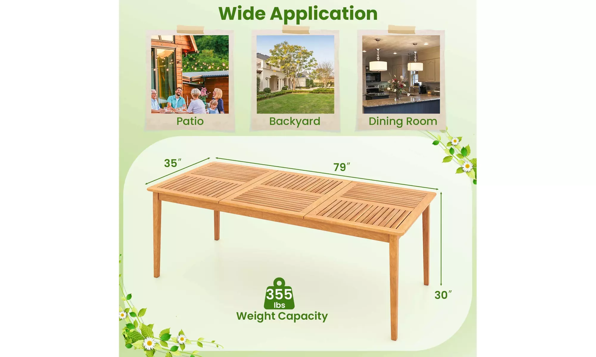 Costway 6/8-Person Outdoor Acacia Wood Dining Table with 1.96" Umbrella Hole