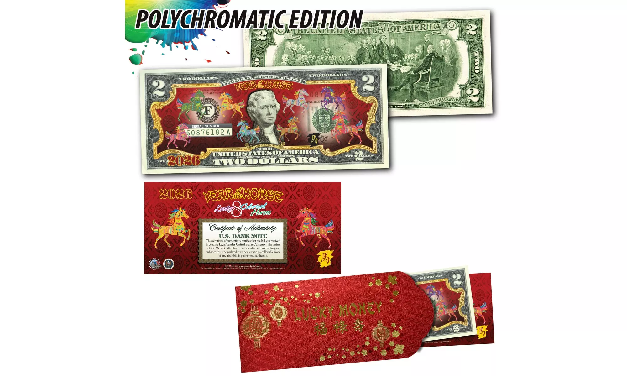 Chinese New Year Polychrome Lucky Money 2.00 Bill w/Red Envelope Year Editions