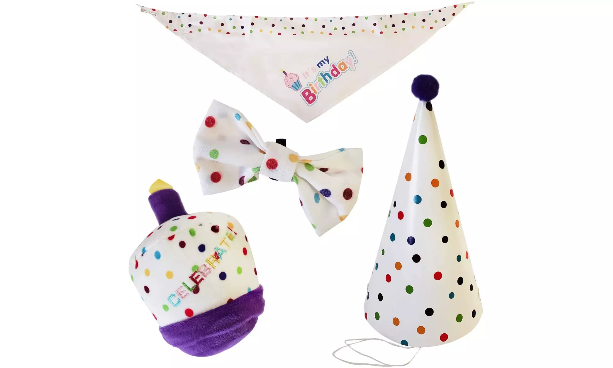 4-Piece Dog Birthday Kit: Bandana, Hat, Bow Tie, Plush Toy - Primary Image