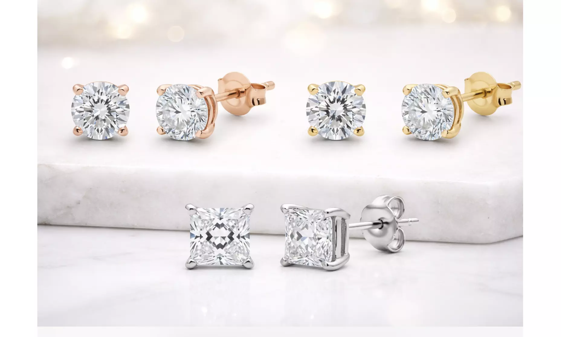 14K Gold Created Diamond Stud Earrings – Round or Princess Cut (1/4 & 1/2 CTW)