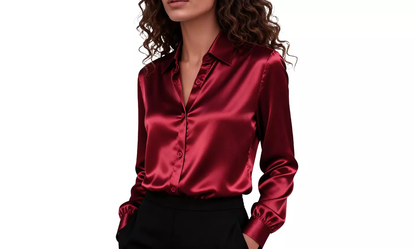 Women's Satin Button-Down Shirt Wrinkle-Free Soft Long Sleeve Blouse