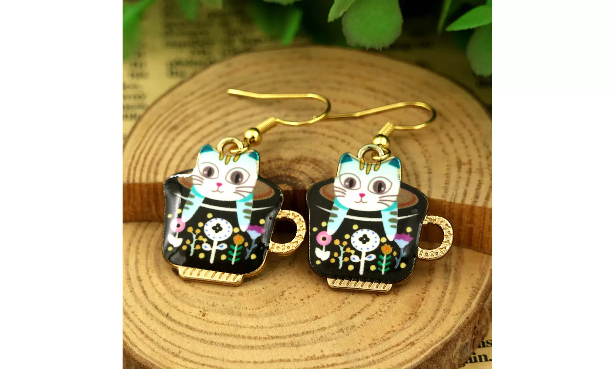Kitten in a Mug Hook Earrings in 14K Gold
