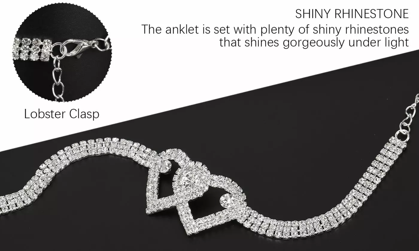 Rhinestone Double Heart Ankle Bracelets Crystal Tennis Anklet Bracelet Jewelry 