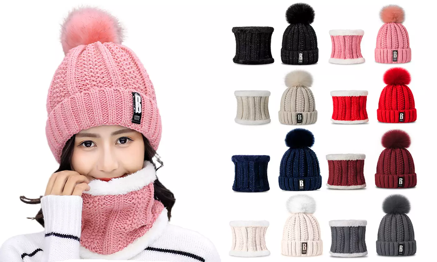 2pcs Women Knitted Pompom Hat Scarf Set Soft Warm Beanie Cap For Cold Weather - Primary Image