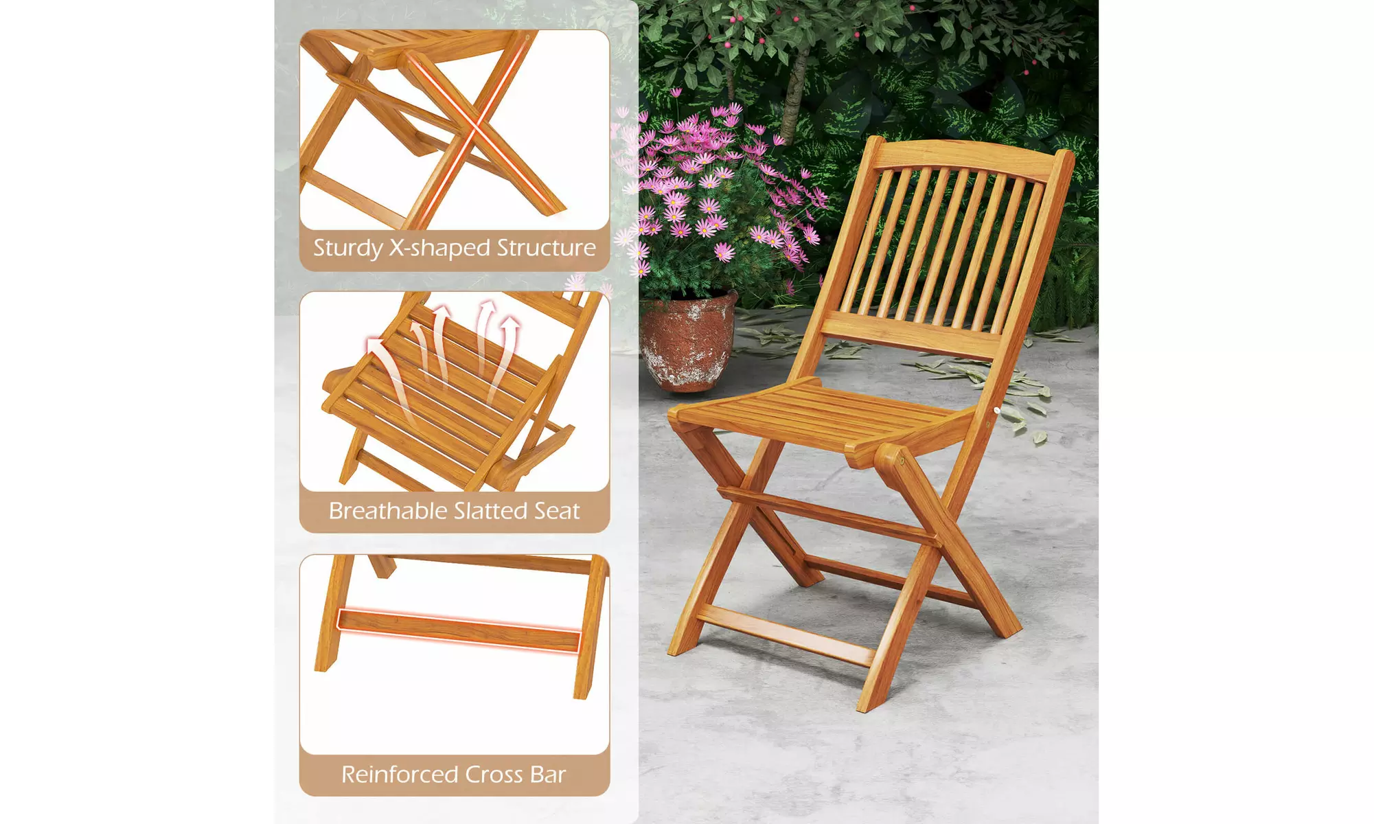 Costway Outdoor Folding Chairs Acacia Wood High-Back Chair with Seat Cushions