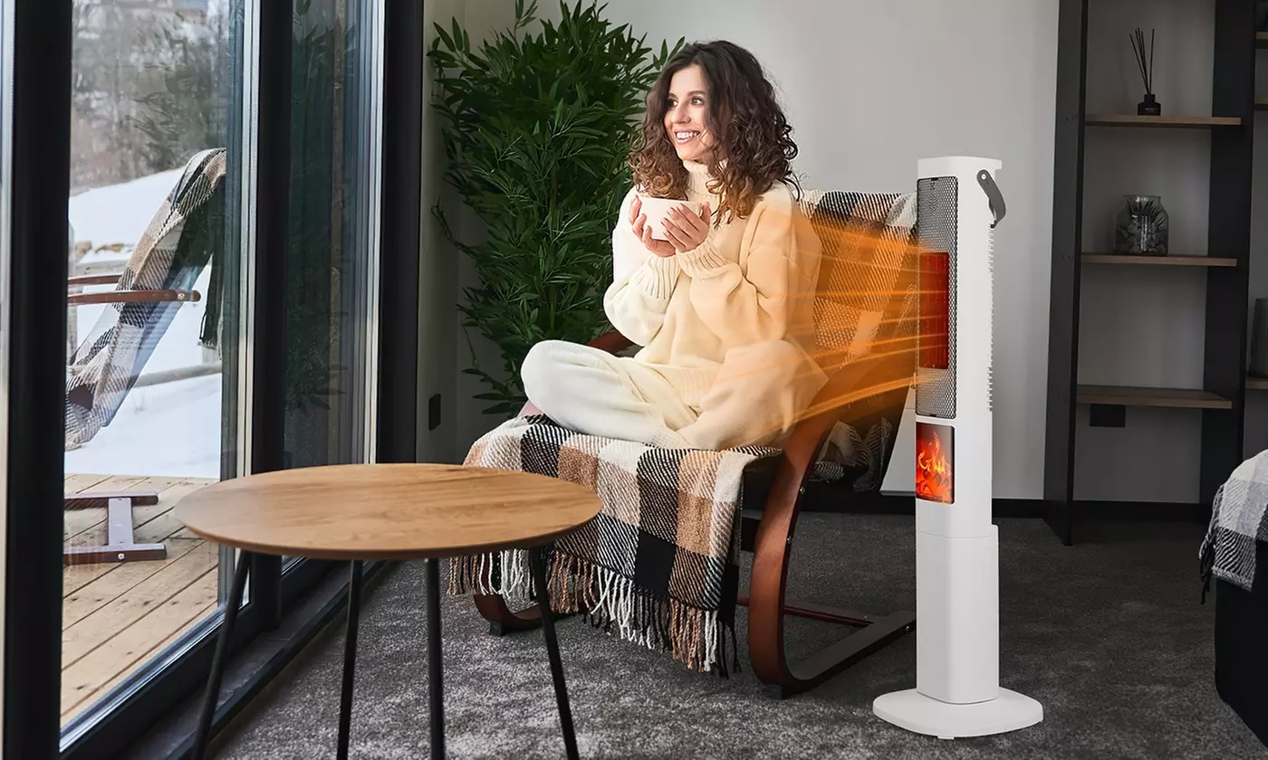 iMounTEK 1500W Oscillating Ceramic Tower Space Heater with 3D Flame & 3 Modes