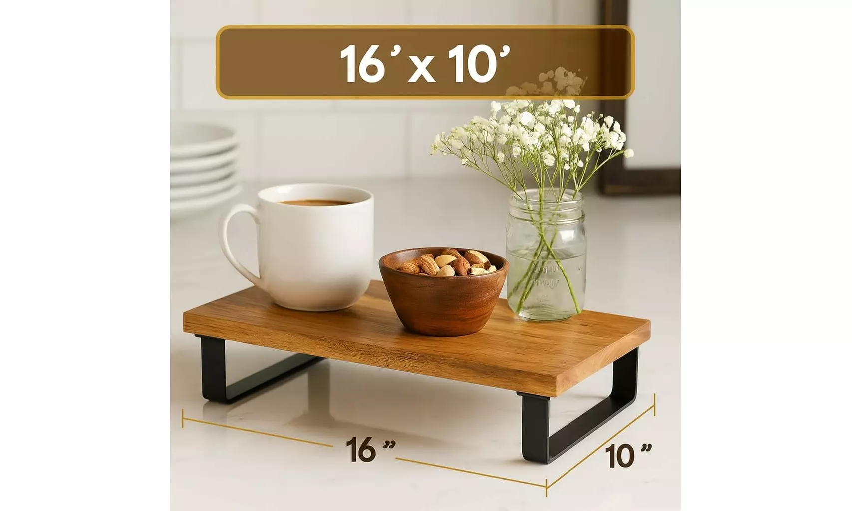 16 x 10 Serving Tray Acacia Wood Top with Matte Black Metal Frame