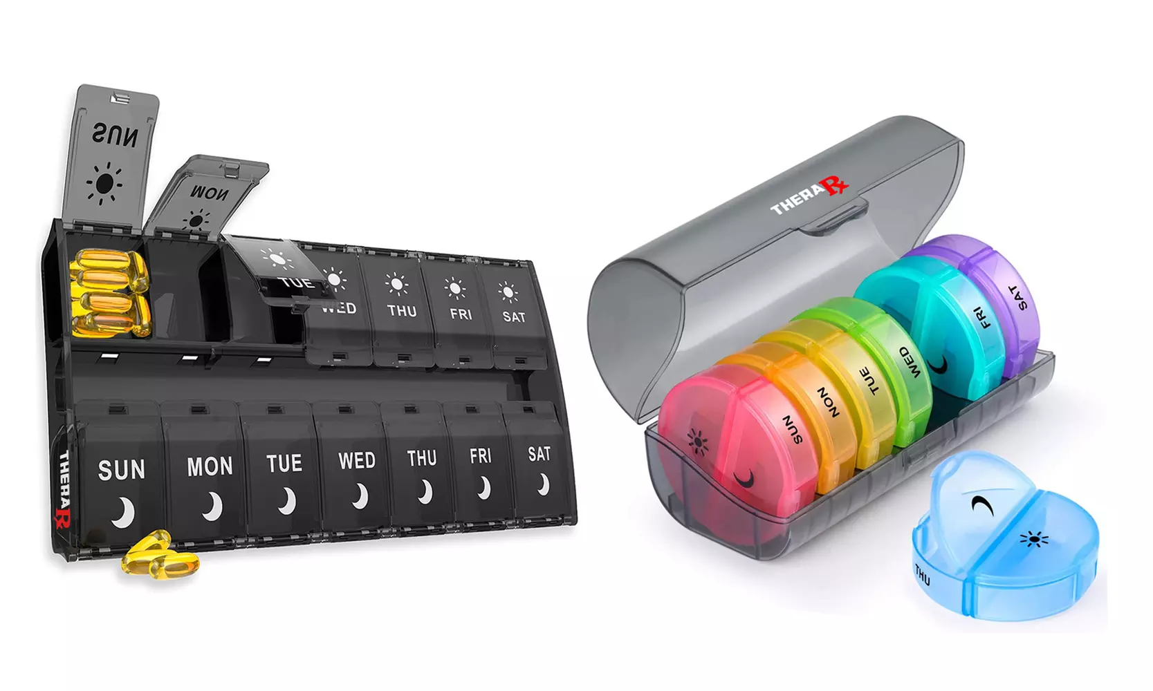 2-Pack: 7-Day Daily Push Button Pill Box & Round Weekly Pill Organizer with Case - Primary Image