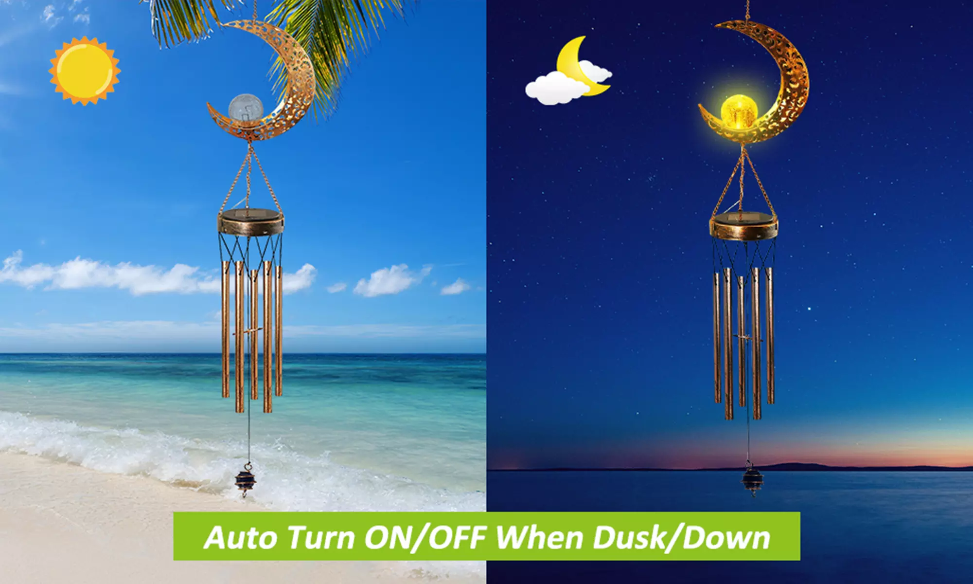 Solar Wind Chimes Outdoor Garden Waterproof Metal LED Hanging Chime Decor