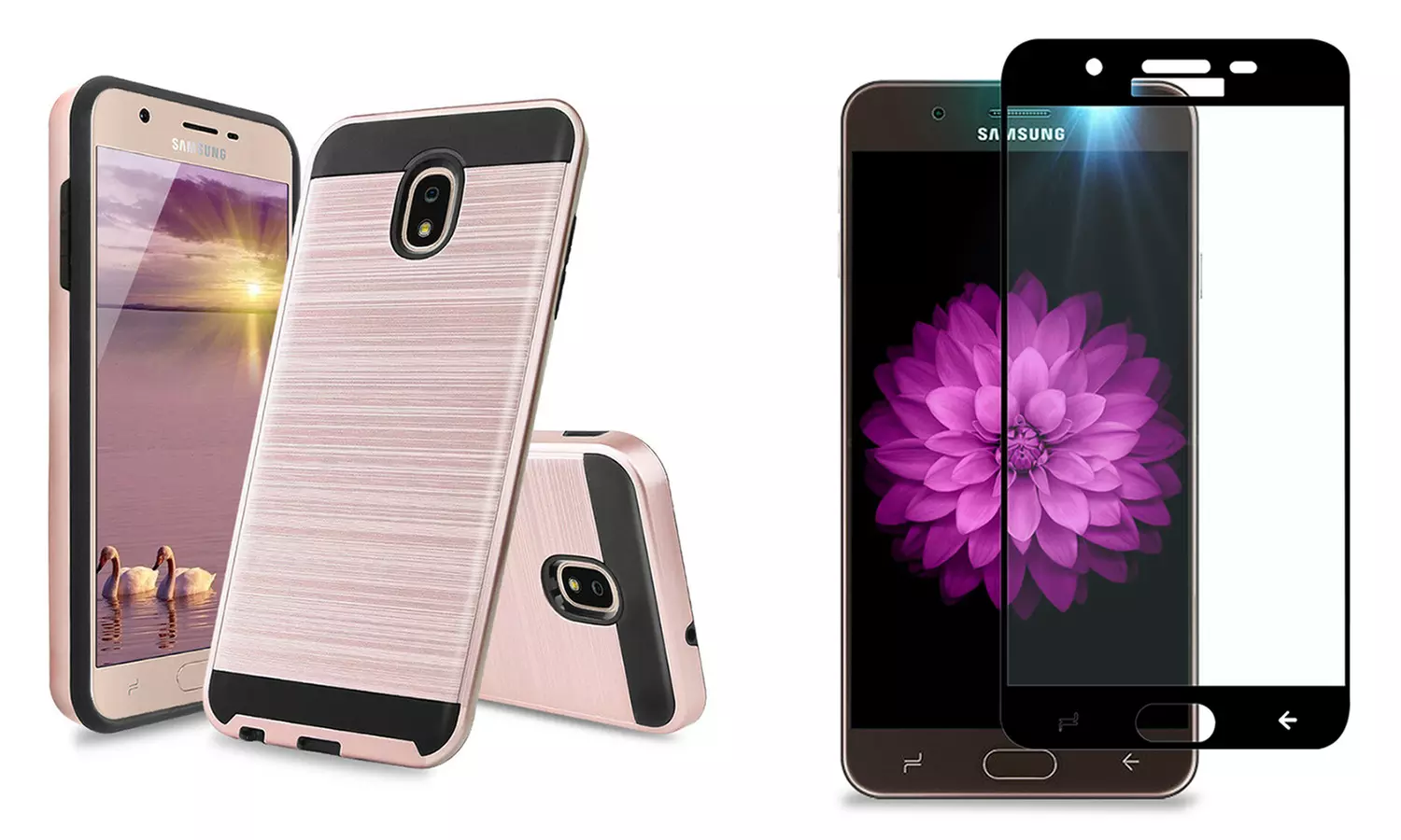Metallic Shell TPU Bumper Case with Tempered Glass for Samsung J7 2018-Rose Gold - Primary Image