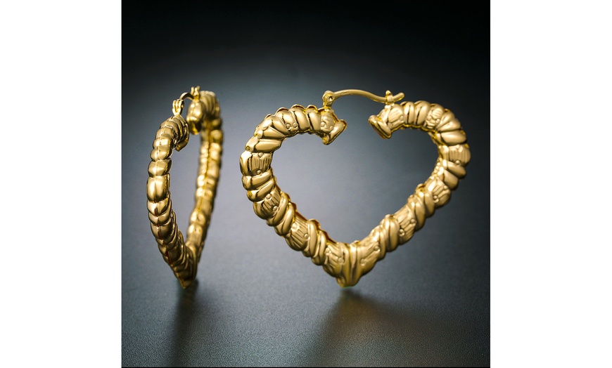 Image 1: Gold Plated Gold Textured Heart Hoop Earring