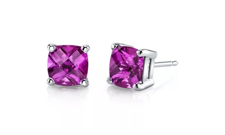 Paris Jewelry White Gold Plated 6mm Cushion Created Pink Sapphire Stud Earrings Pink 6 MM 2.2 Ct Cushion White Gold