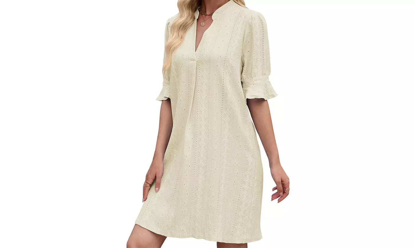 Women's V Neck Ruffled Half Sleeves Shift Dress Flowy Summer Beach Cover Up