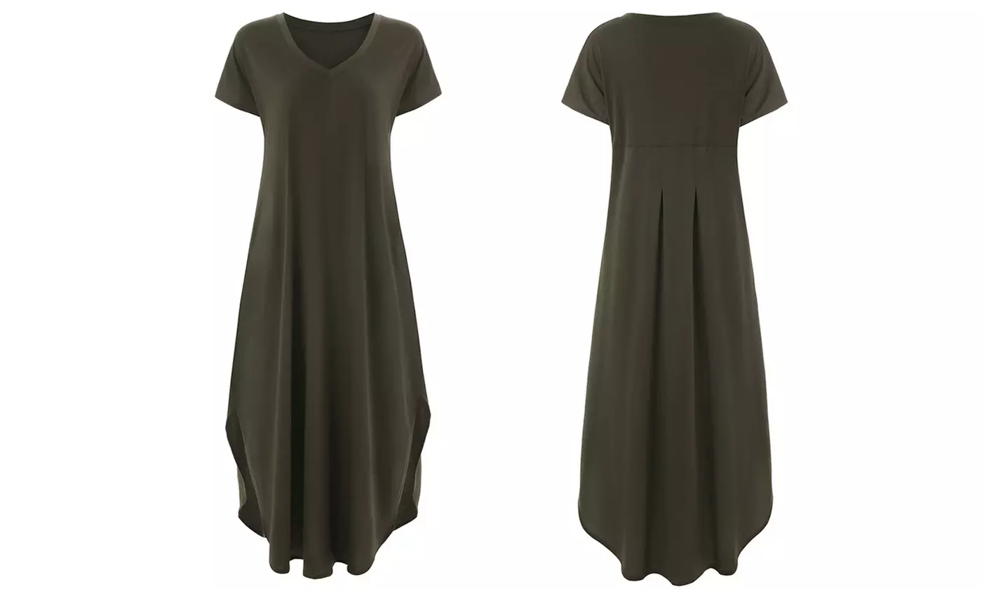 Women's Casual V-Neck Short Sleeve Side Slit Maxi Dress with Pockets
