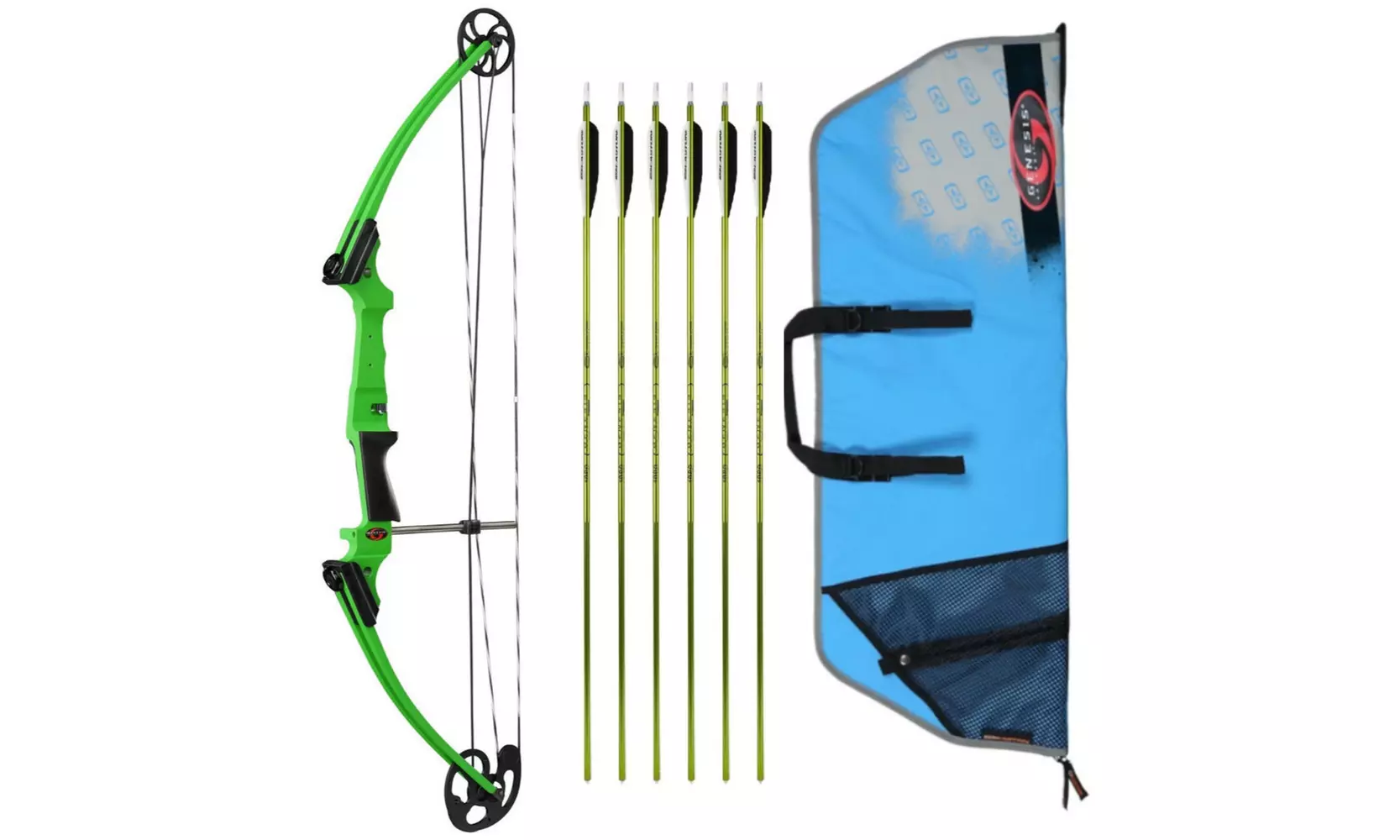 Genesis Archery Original Bow (Left Hand, Green) with 6 NASP Arrows and Case - Primary Image