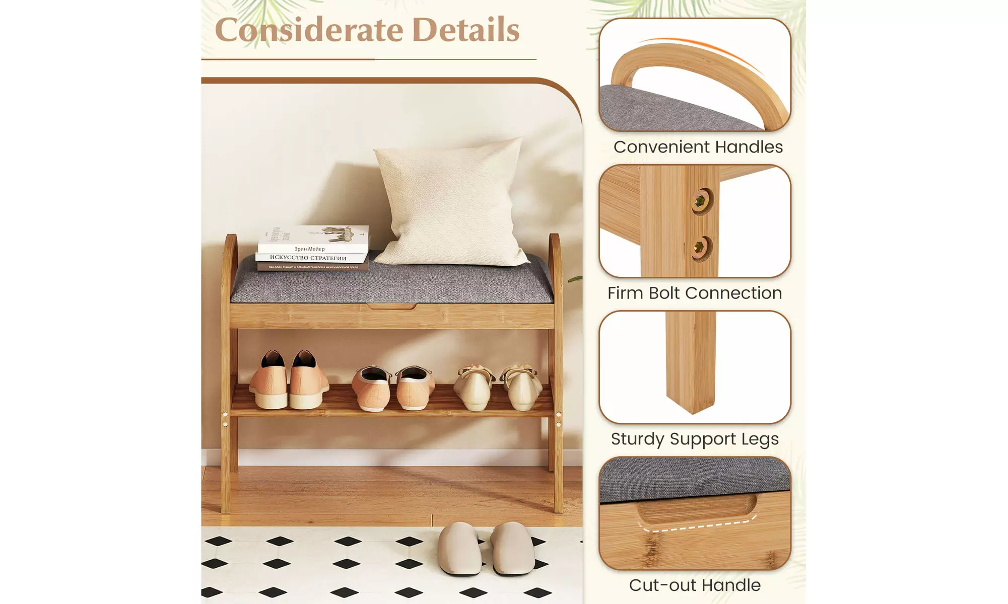 Costway Bamboo Entryway Shoe Bench 2-Tier Shoe Rack with Padded Seat Cushion