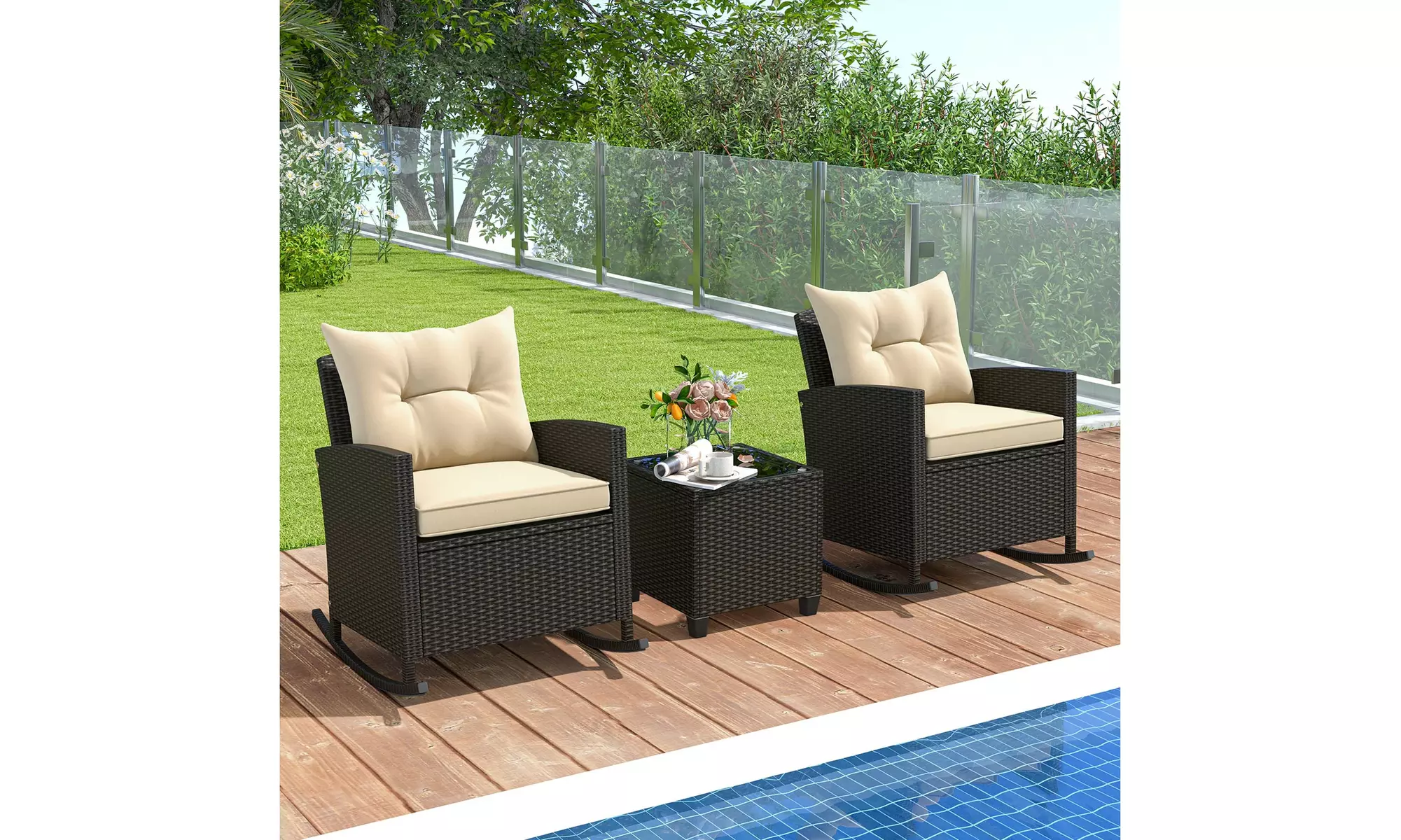 Costway 3 PCS Patio Wicker Rocking Set with Tempered Glass Table & Soft Cushions