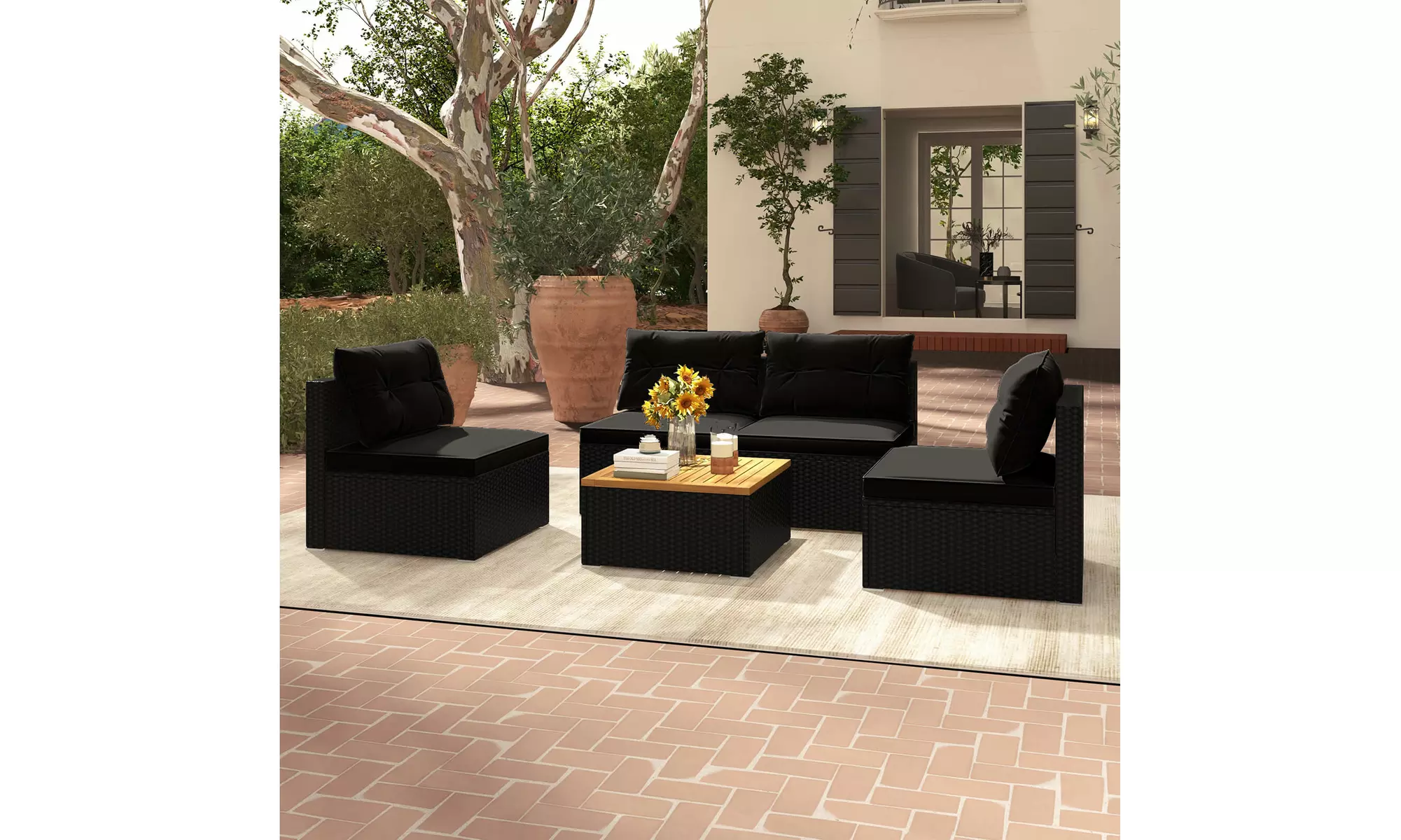 5 Piece Patio Rattan Furniture Set Acacia Wood Table Top Sofa Cushion Deck