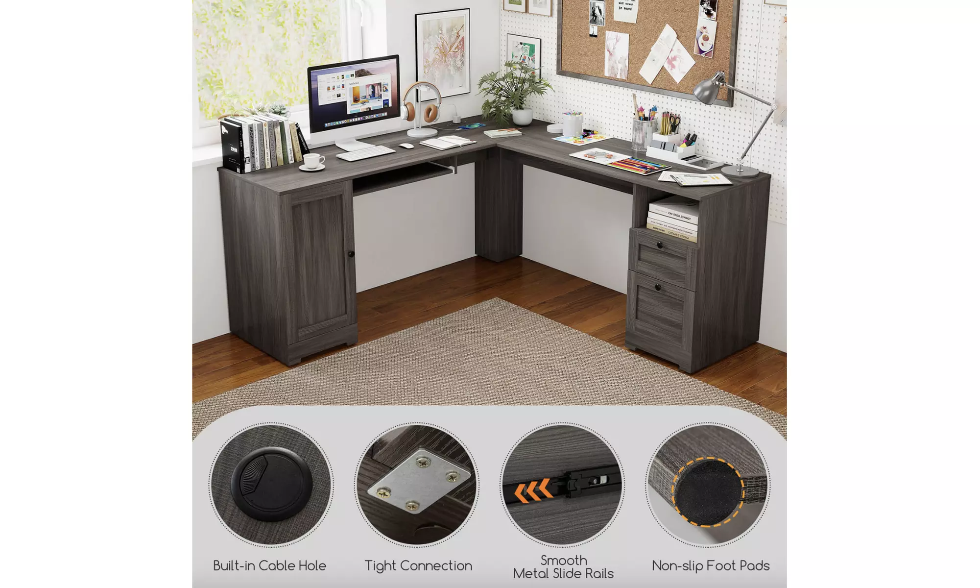 L-Shaped Corner Computer Desk with Drawers, Study Table with Storage