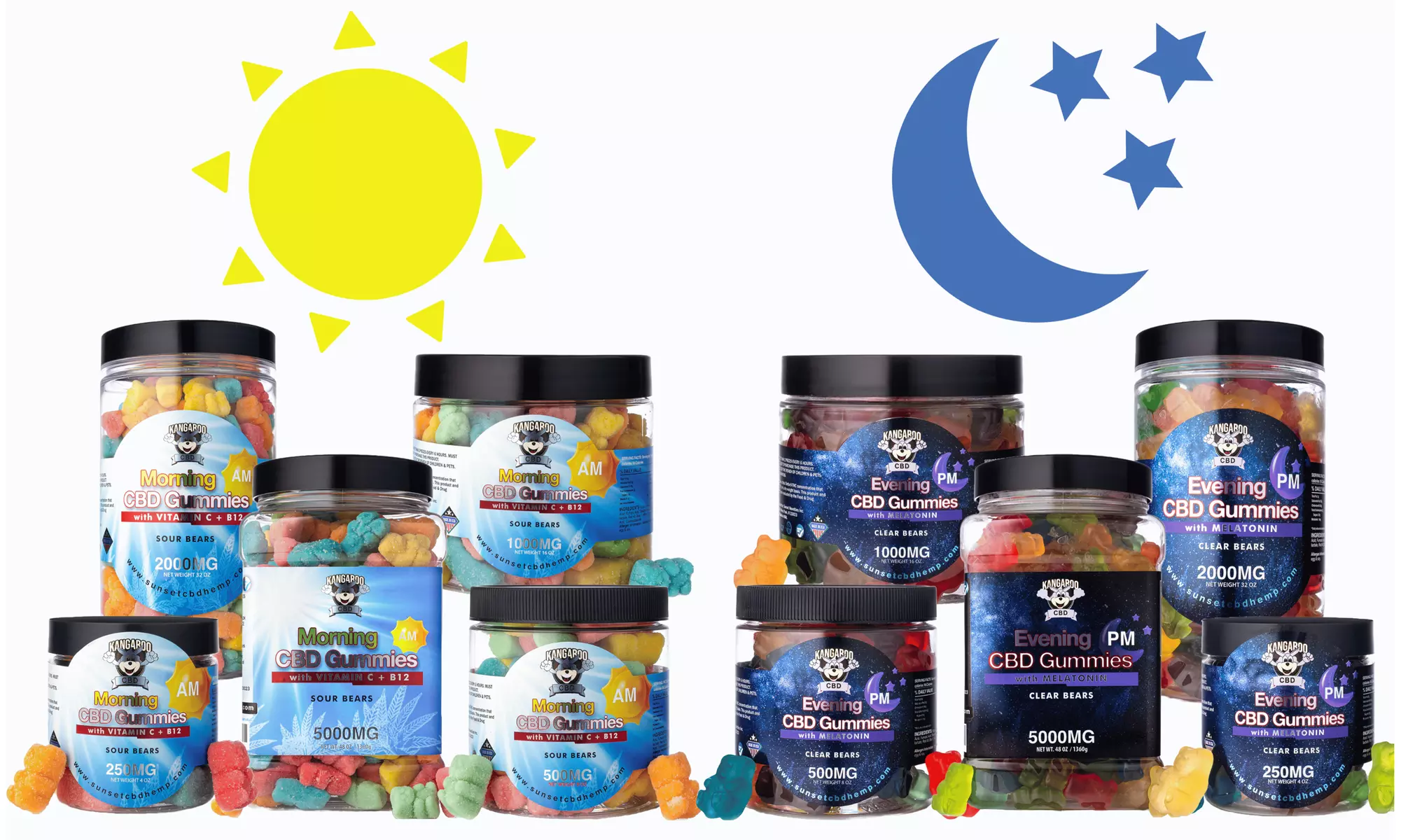 CBD for AM & PM with B12, Vitamin C & Melatonin Infused Gummies from Kangaroo