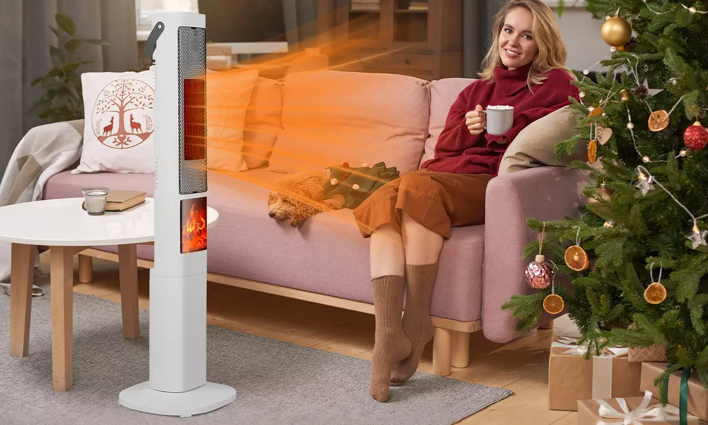 iMounTEK 1500W Oscillating Ceramic Tower Space Heater with 3D Flame & 3 Modes