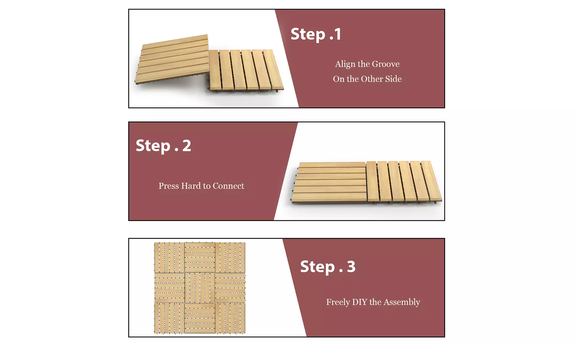 12'' x 12'' Acacia Wood Deck Patio Pavers Stripe Pattern