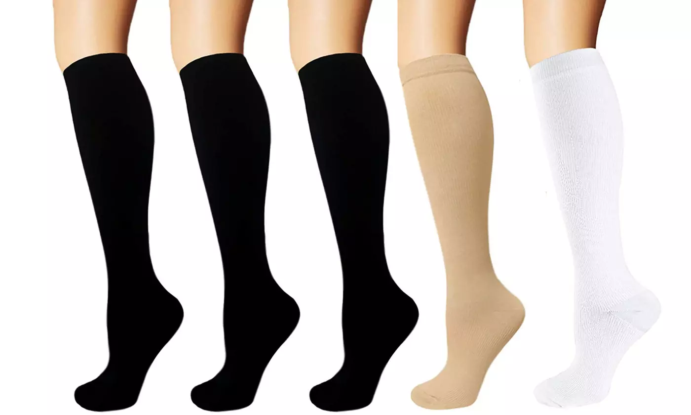 5-Pairs ItBelongs2U Solid Knee-High Compression Unisex Socks 15-20 mmHg