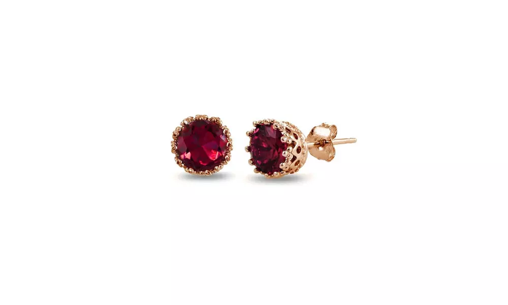 Rose Gold Flashed Sterling Silver Created Ruby Crown Stud Earrings