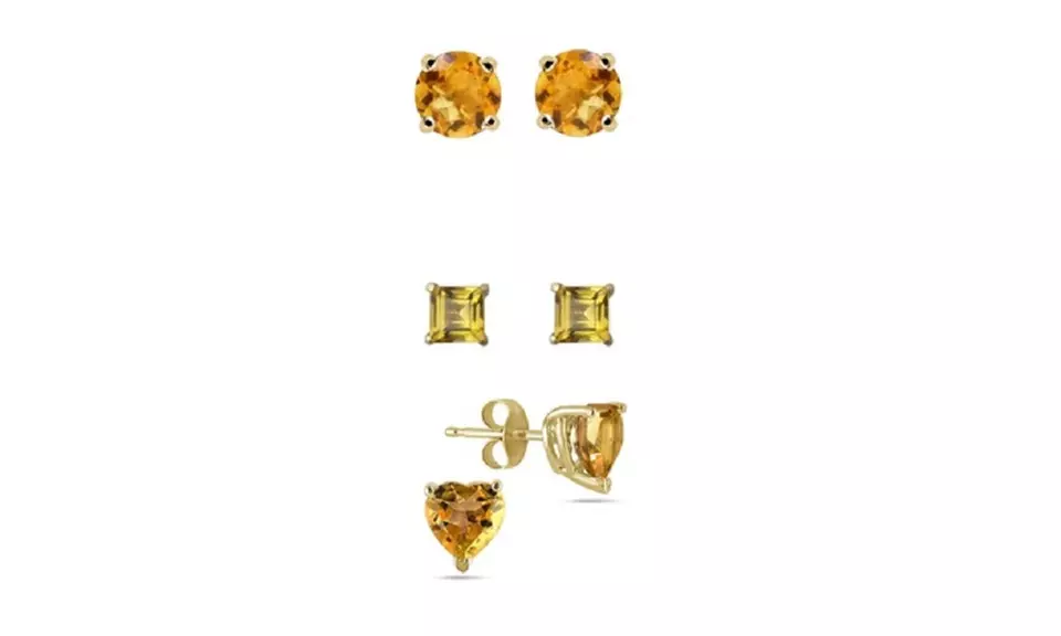 18k Yellow Gold Plated Citrine 3 Pair Round, Square and Heart Stud Earrings. - Primary Image