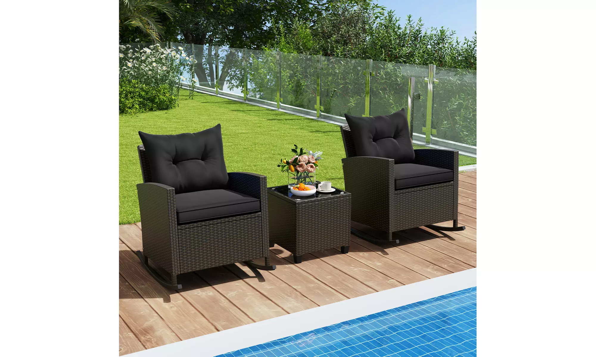 Costway 3 PCS Patio Wicker Rocking Set with Tempered Glass Table & Soft Cushions