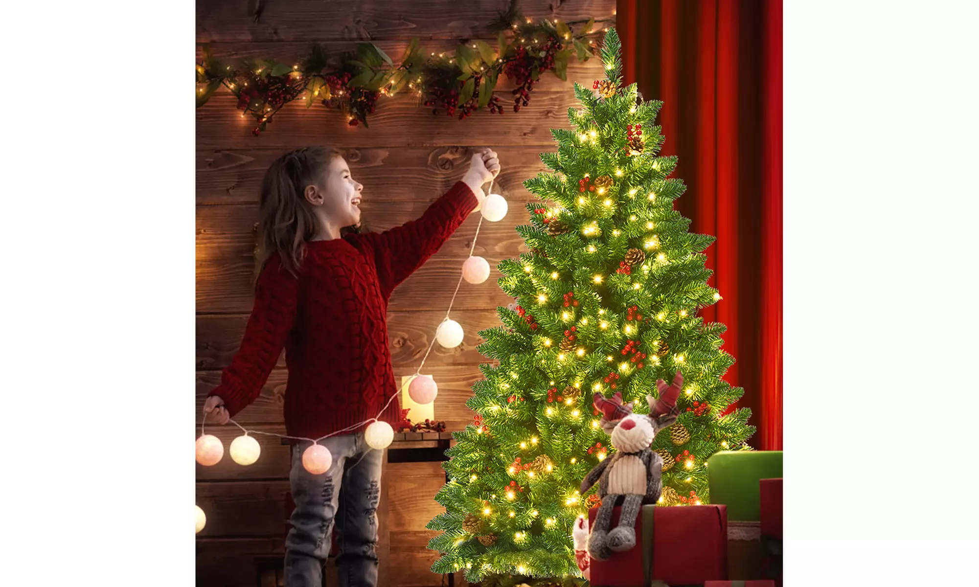 Costway 4.5Ft Pre-lit Hinged Christmas Tree w/ Pine Cones Red Berries