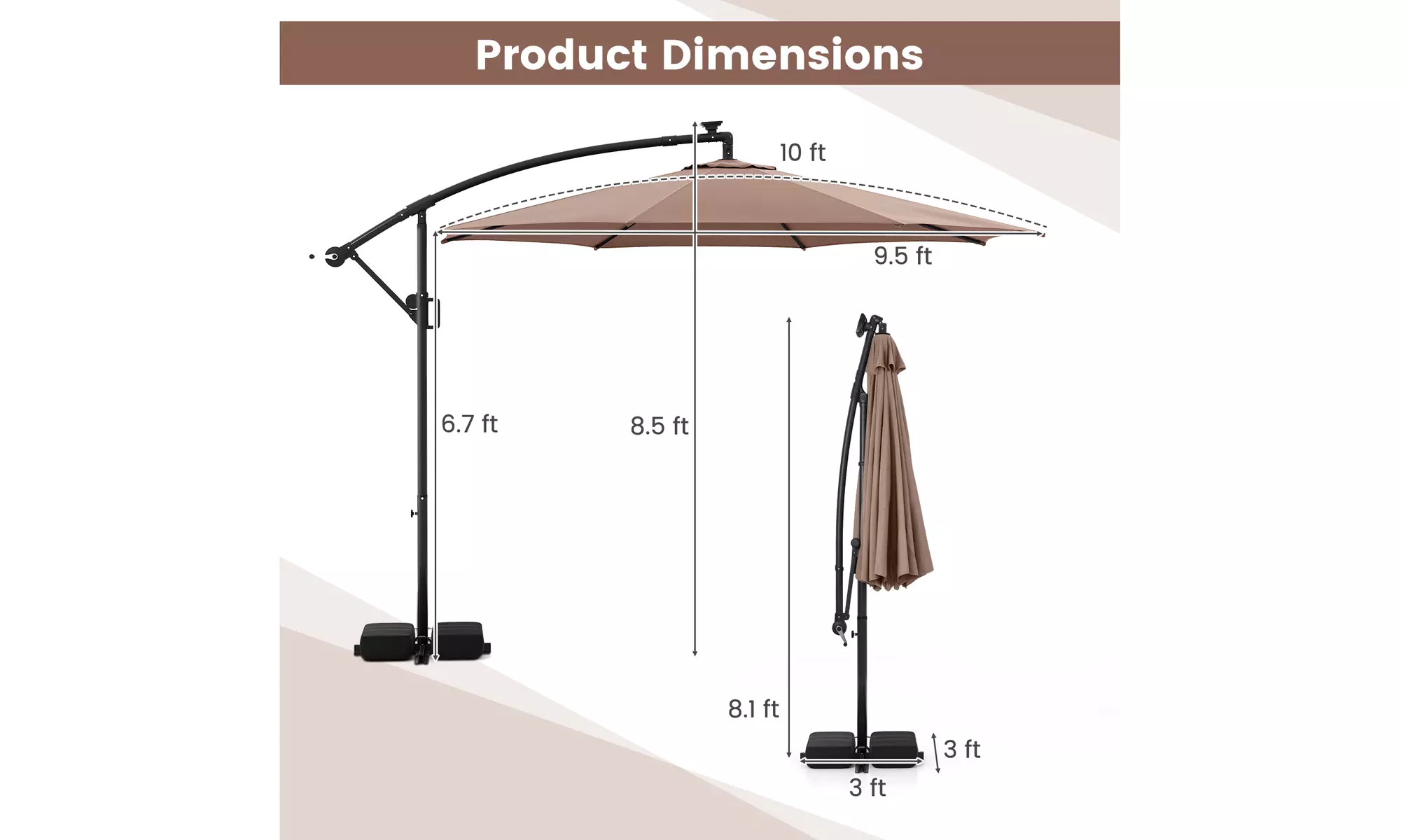 Costway 10 FT Solar Offset Hanging Umbrella with Base