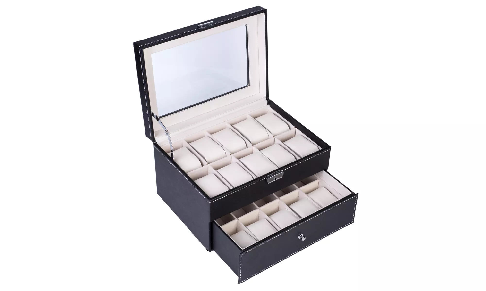 20 Compartments Dual Layers Elegant Wooden Watch Collection Box Black - Primary Image