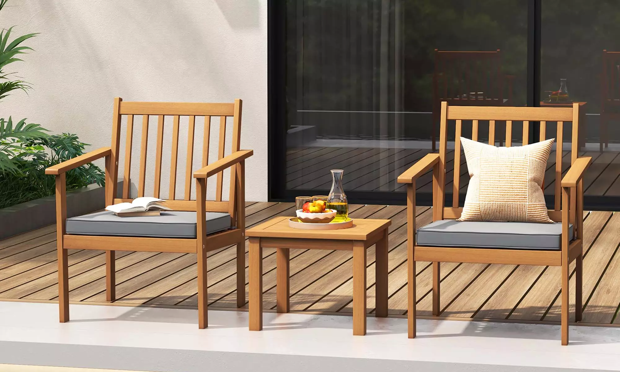 Costway 3 PCS Patio Wood Furniture Set Acacia Wood Chairs & Coffee Table