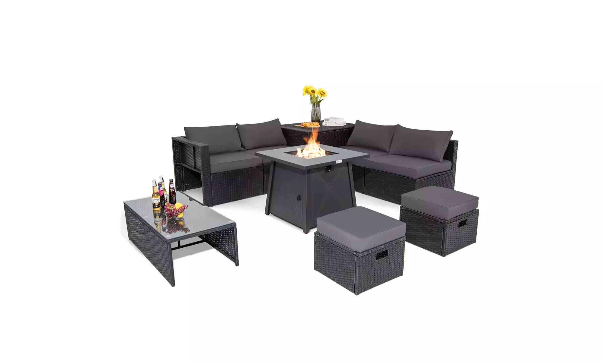 Costway 9PCS Patio Rattan Furniture Set Fire Pit Space-saving W/Cover  Cushion