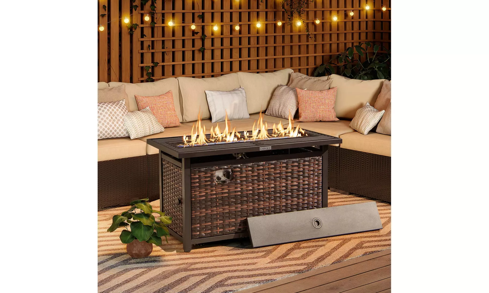 Costway 45" Propane Rattan Firepit Table with Glass Stones & Protective Cover