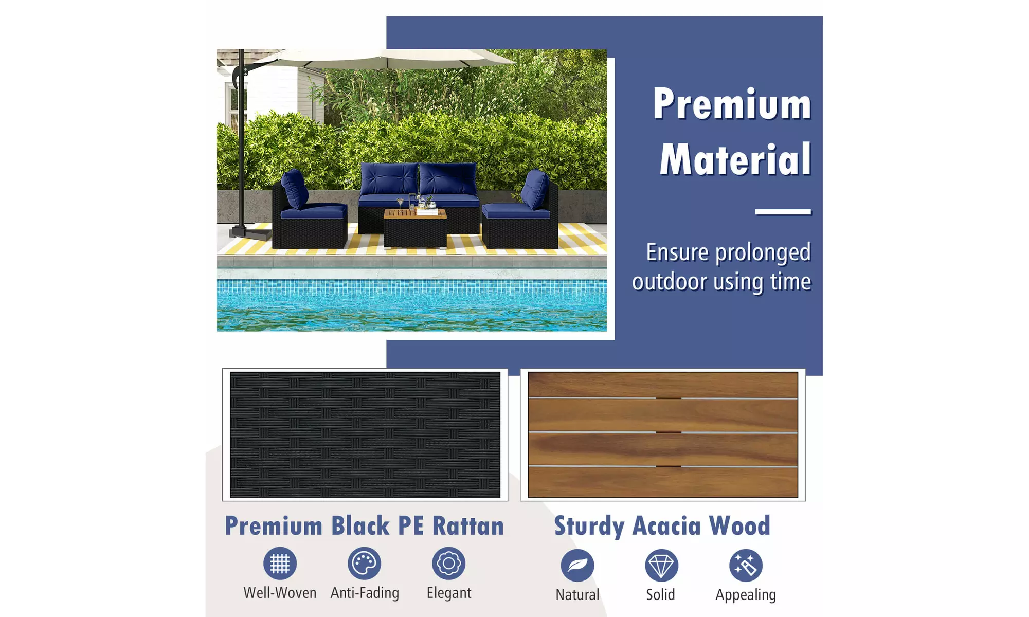 5 Piece Patio Rattan Furniture Set Acacia Wood Table Top Sofa Cushion Deck