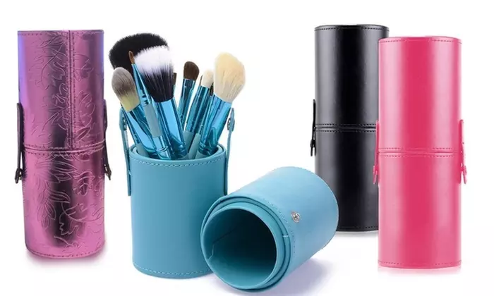 Trendy Makeup Brushes Set With Standing Leather Case - 12 Pcs  - Primary Image