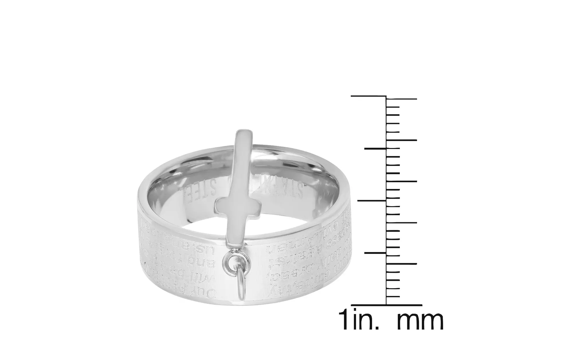 Ladies Stainless Steel Our Father English Prayer Band Ring With Cross Charm