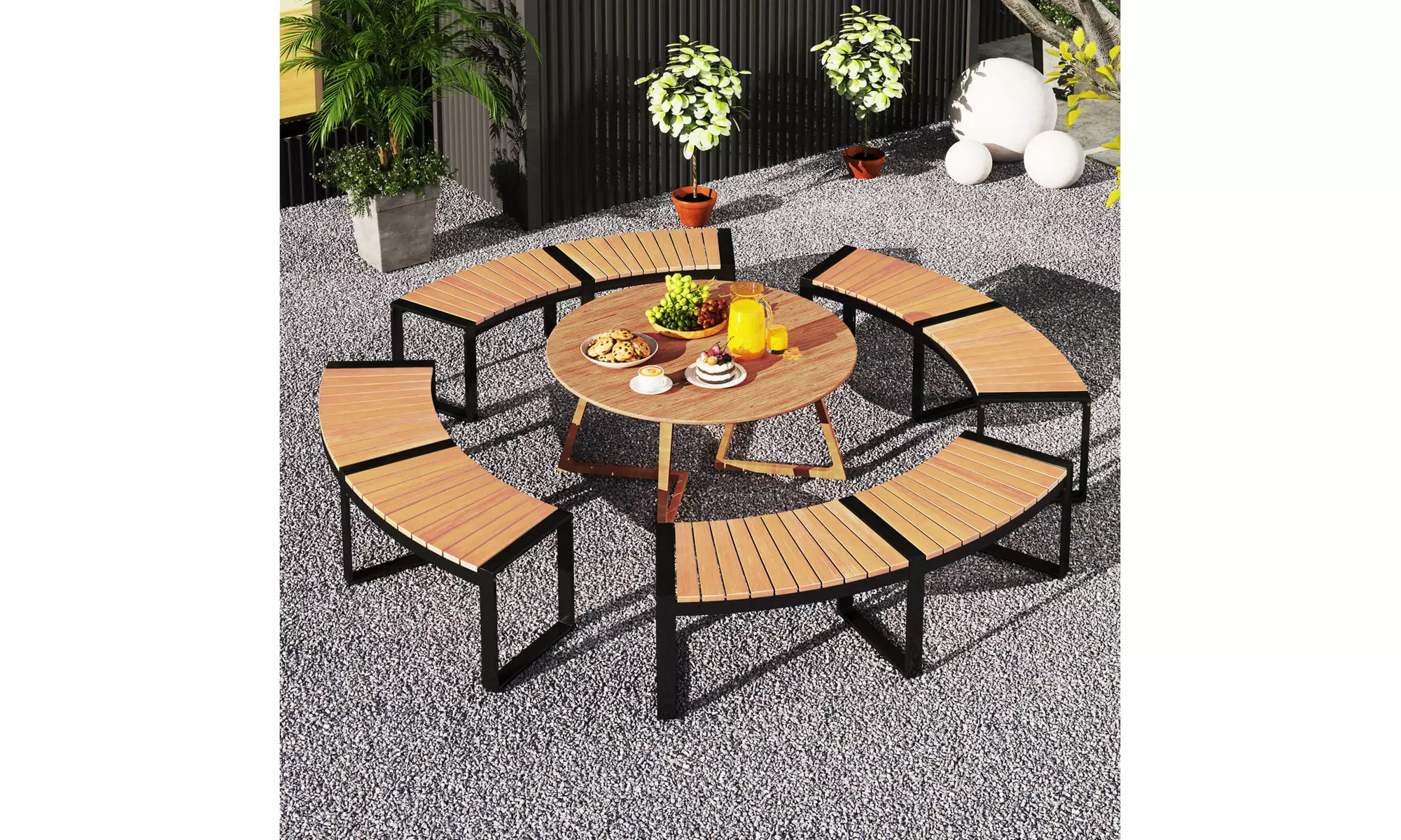 Costway Backless 2-Person Patio Curved Bench with Slatted Seat and Metal Legs