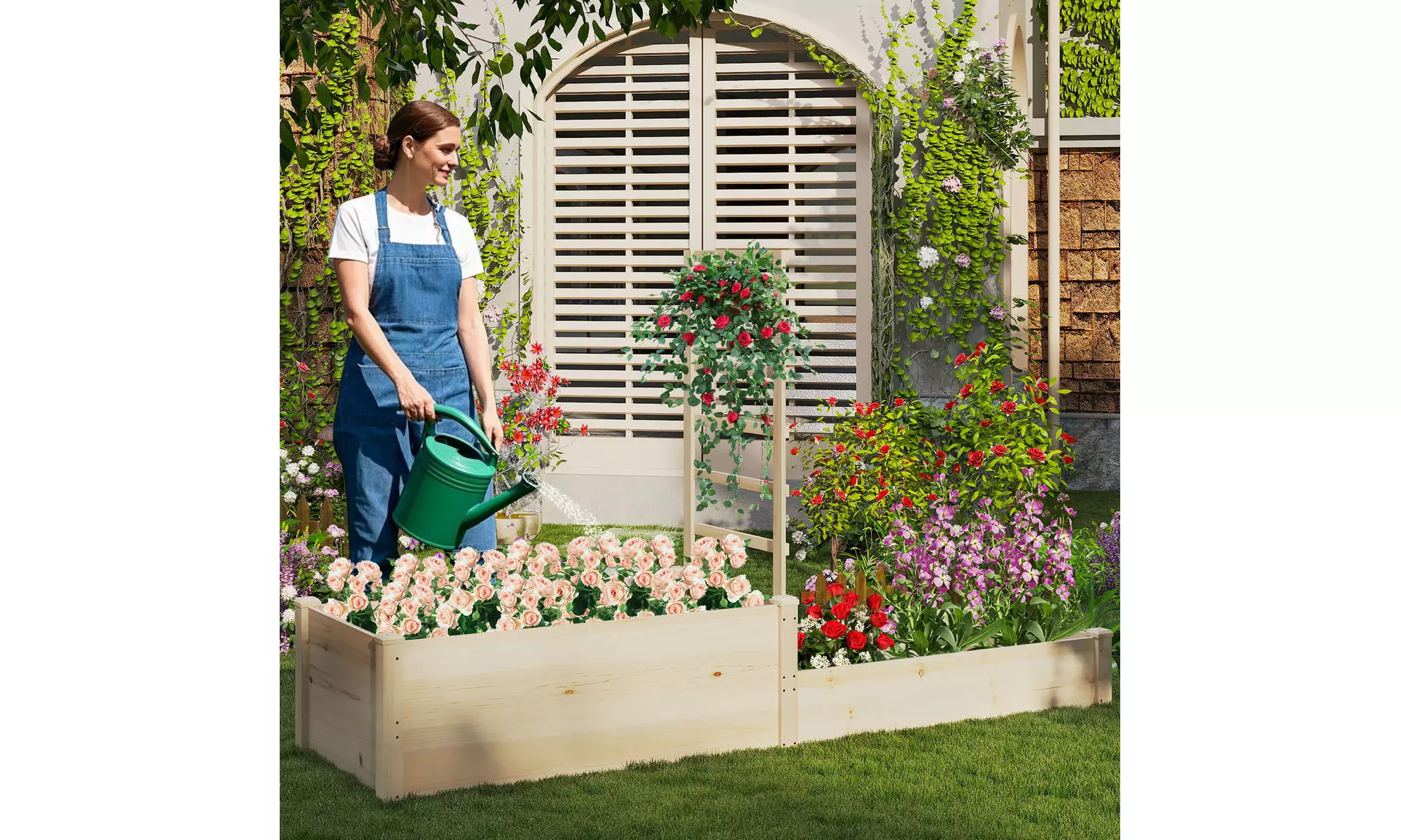 Costway Raised Garden Bed with Trellis 2 Planter Boxes Open-ended Base