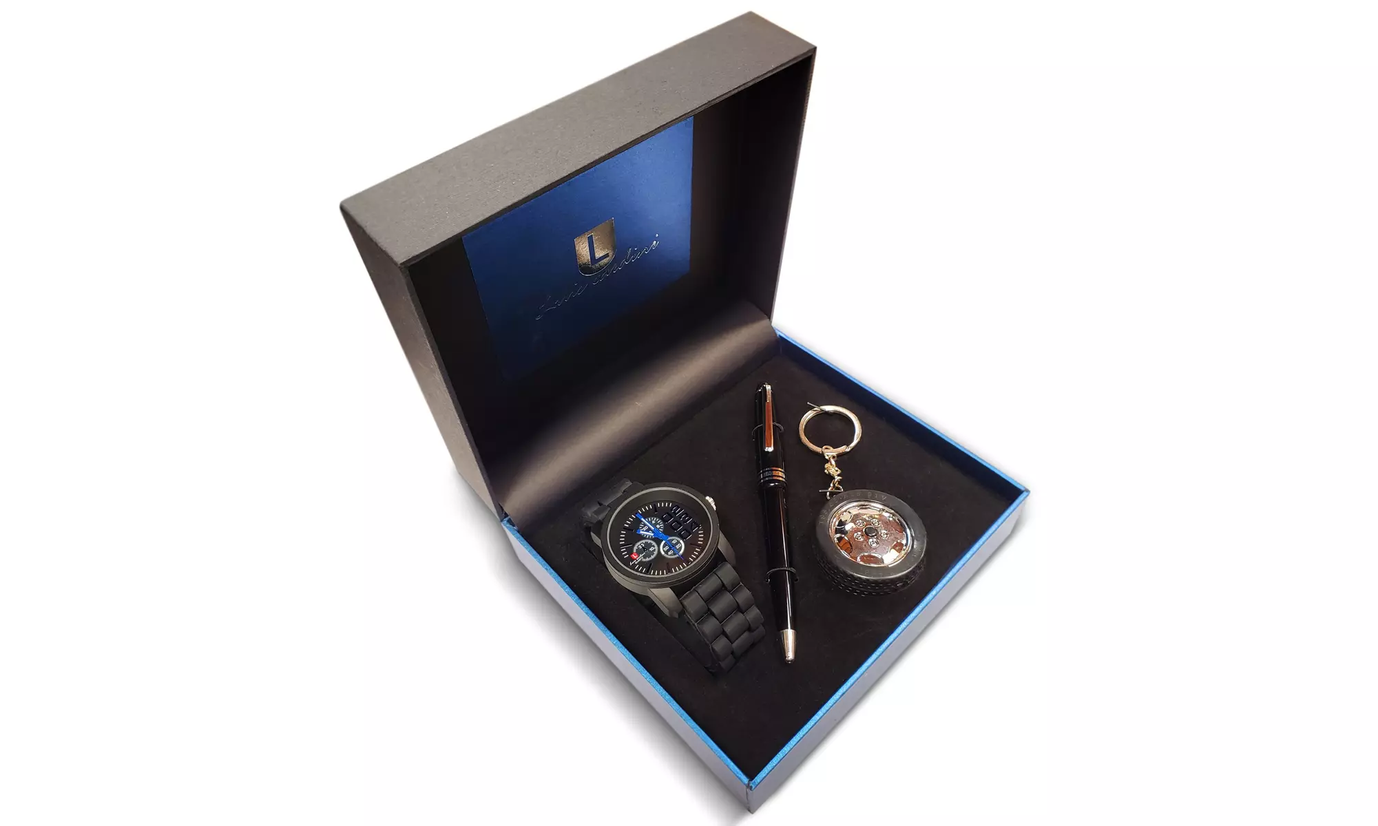 Luis Cardini Silicone Strap Men's Watch Gift Set w/ Pen & keychain (Black) - New - Primary Image