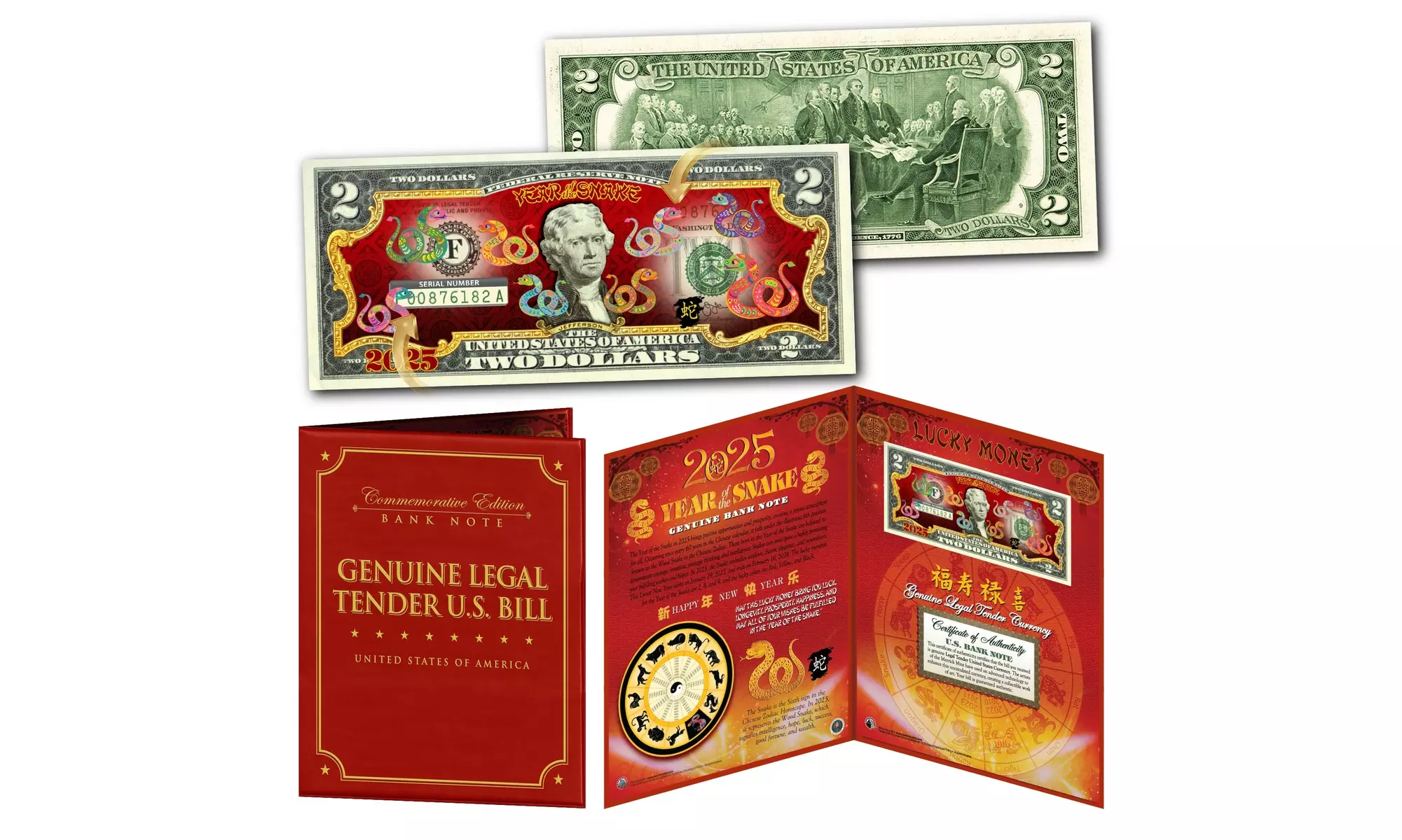 2025 Polychromatic Chinese New Year of the SNAKE 2.00 Dollar Bill 8x10 Folio - Primary Image