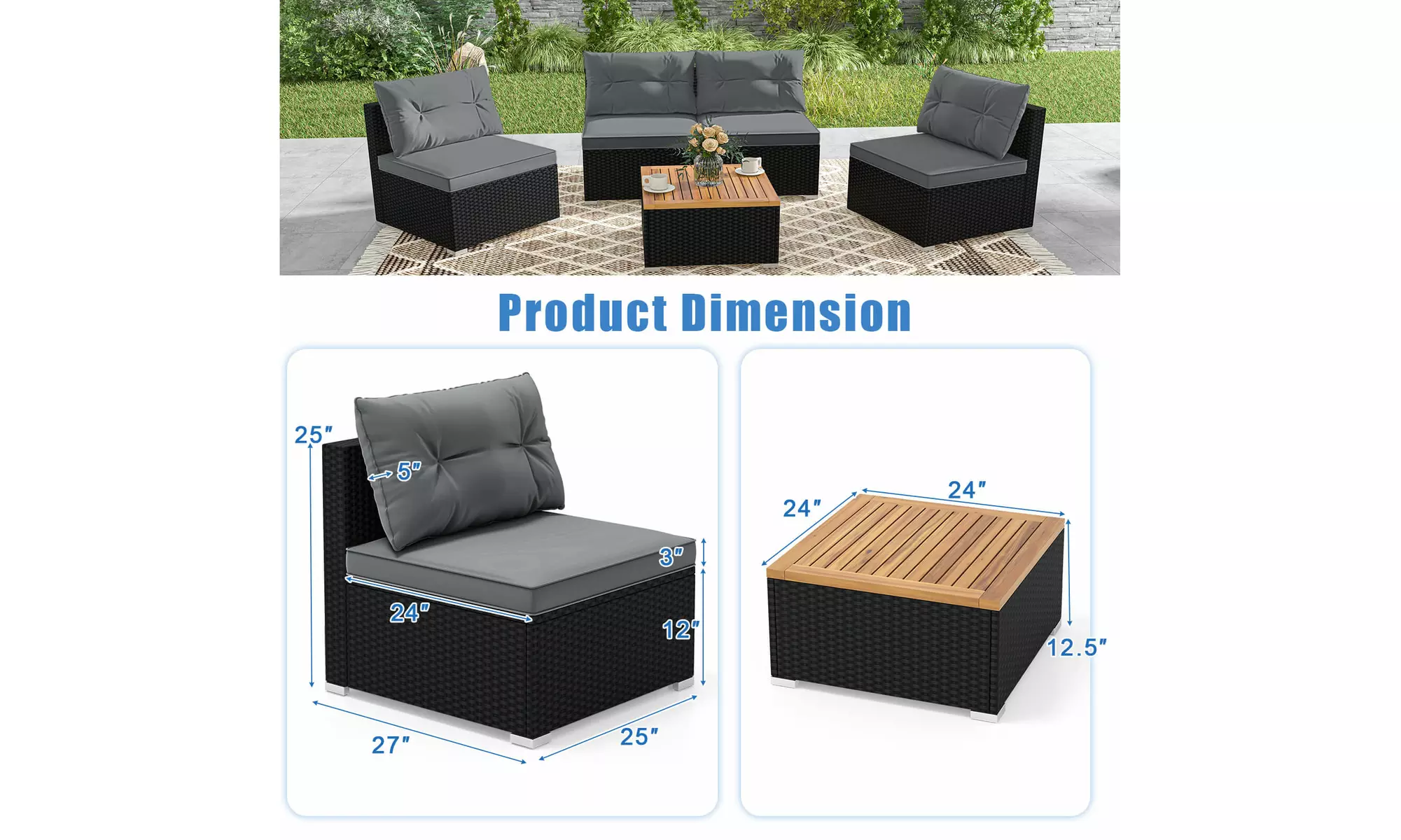 5 Piece Patio Rattan Furniture Set Acacia Wood Table Top Sofa Cushion Deck