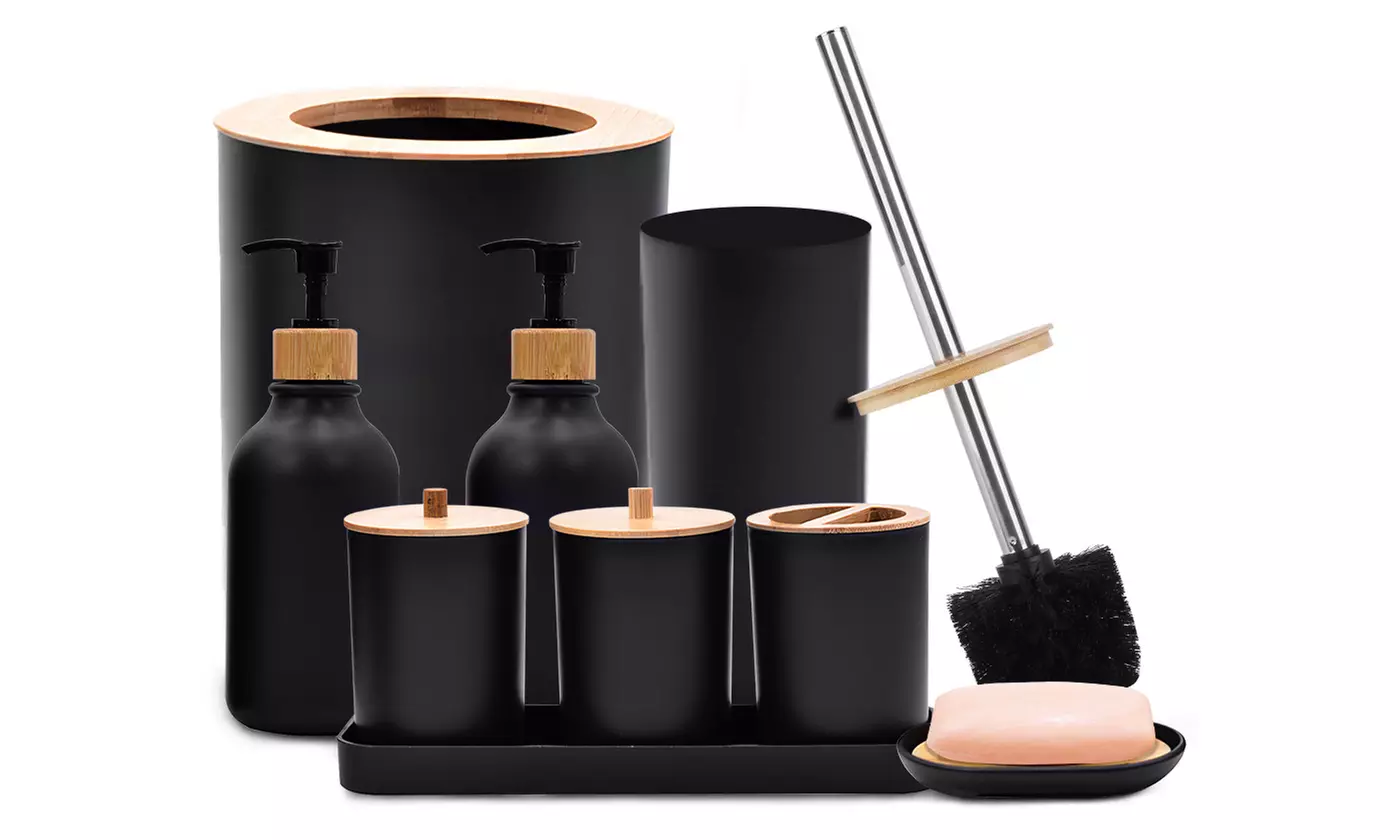 NewHome Bathroom Accessory Set Plastic & Bamboo Bathroom Accessories (9-Piece)