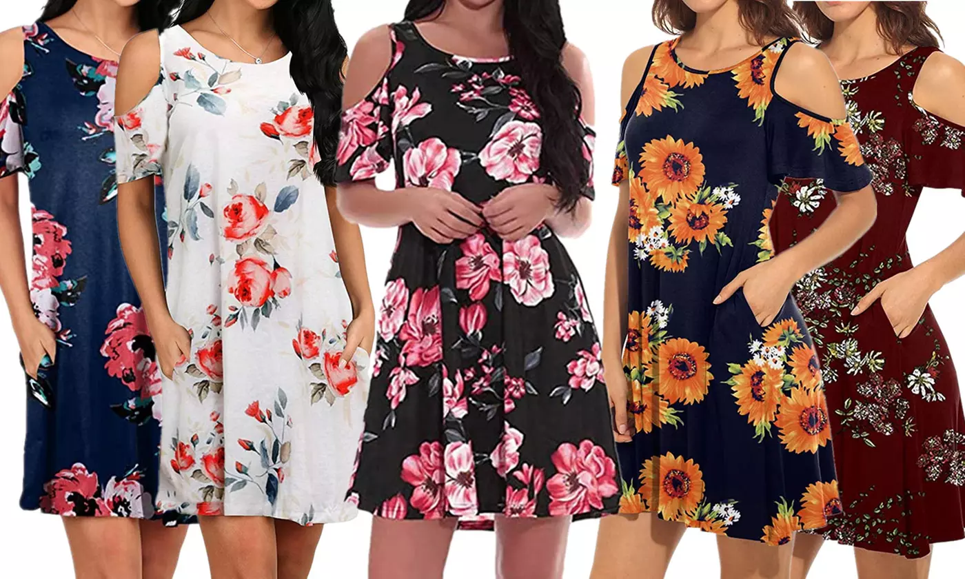 Women's Cold Shoulder Swing Dress with Pockets - Primary Image